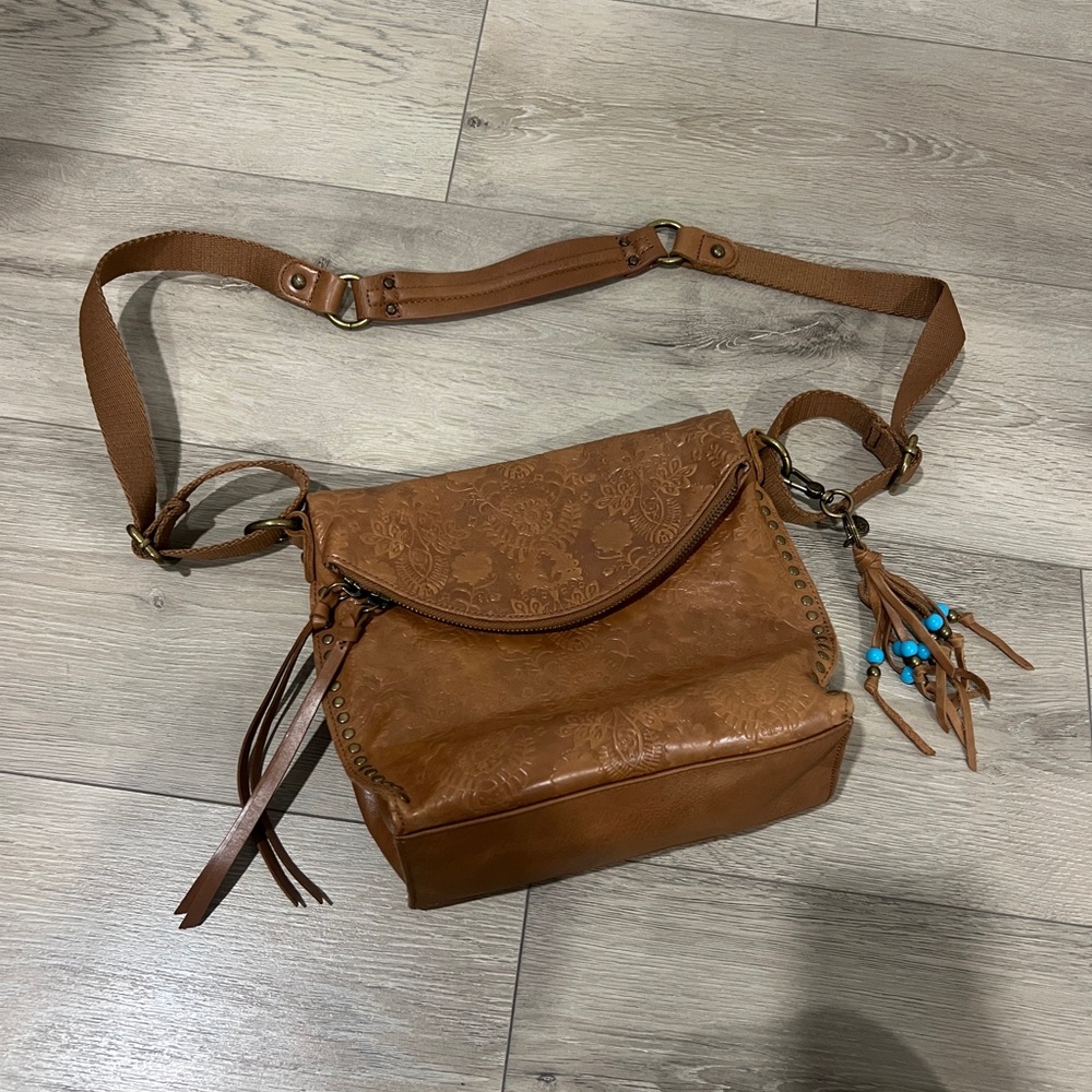 The Sak Tan Crossbody Bag with Embossed Design